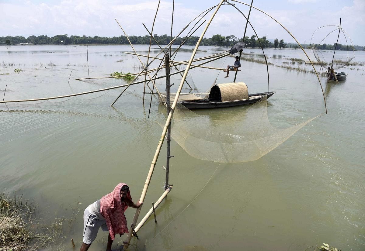 Villagers indulge in fishing in the flooded Pobitora Wildlife Sanctuary, in Morigaon district of Assam (PTI Photo)
