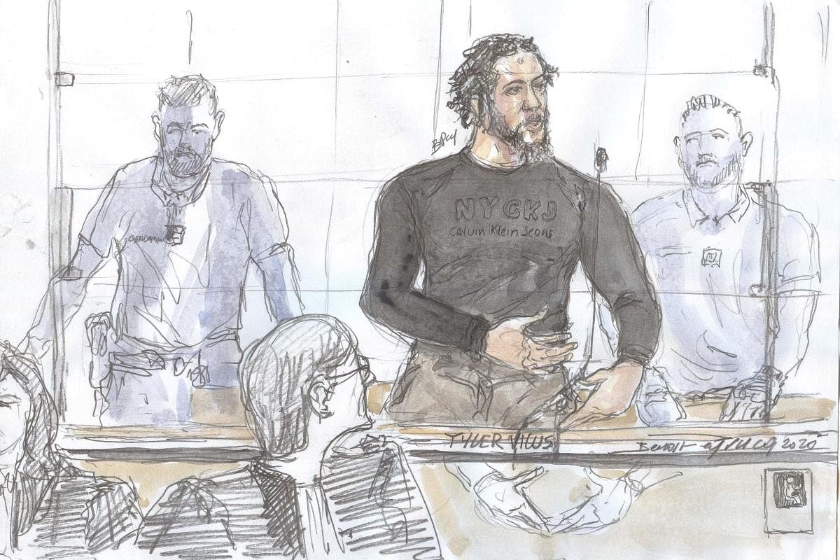 A court sketch made on June 25, 2020 at the Paris courthouse shows French jihadist also called the Islamic State "emir" Tyler Vilus speaking during the opening of his trial at the special assizes of the Paris' courthouse, on the crimes committed in Syria between 2013 and 2015. AFP
