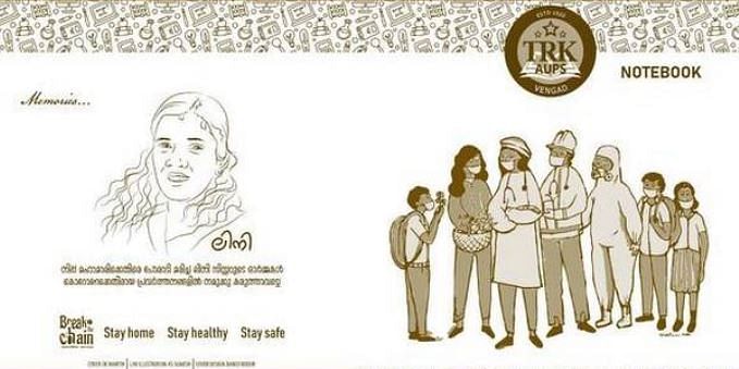 Notebook with drawings of health workers on its cover.