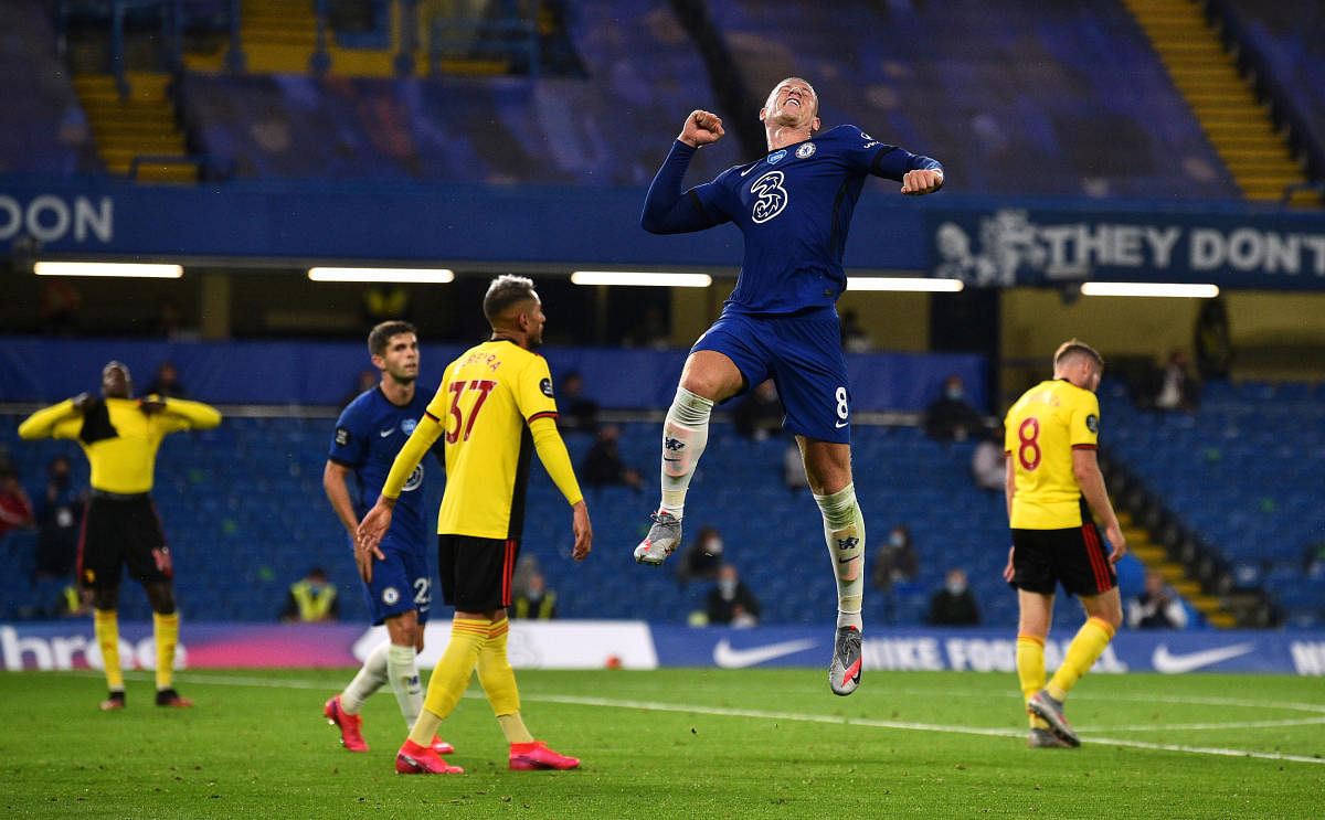 Chelsea's Ross Barkley celebrates scoring their third goal, as play resumes behind closed doors following the outbreak of the coronavirus disease. Reuters
