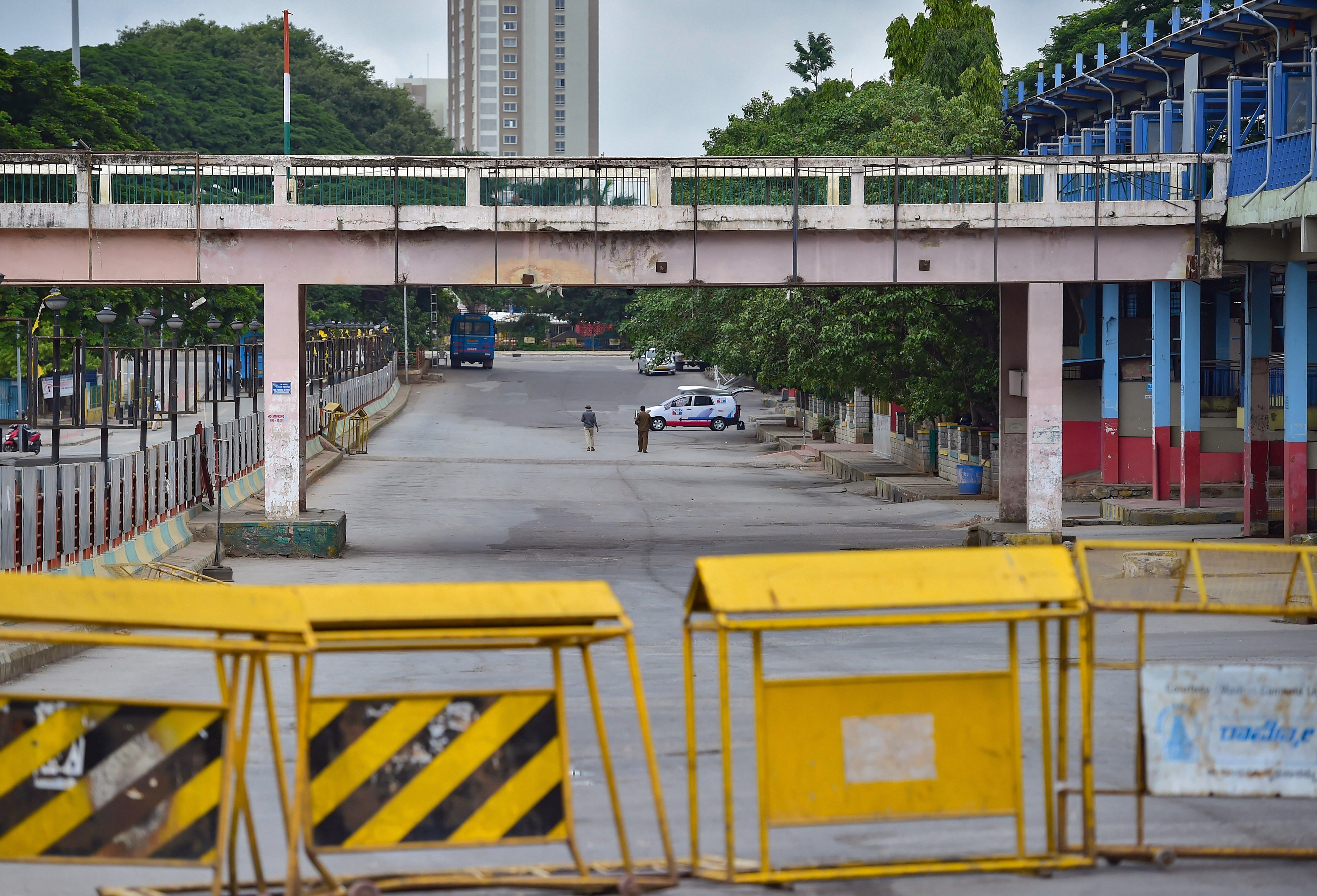 Majestic bus stand wears a deserted look during strict lockdown imposed by the authorities due to surge in COVID-19 cases, in Bengaluru, Sunday, July 5, 2020. (PTI Photo)