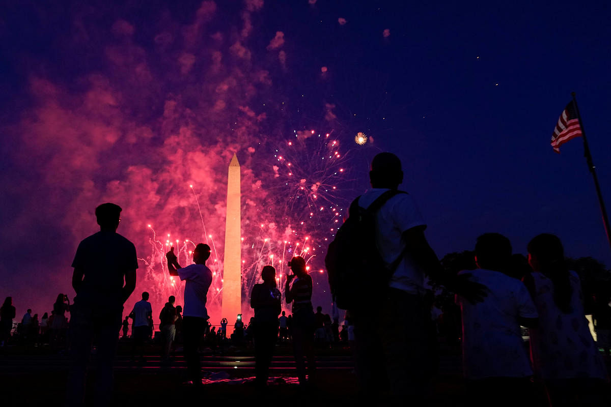 People watch the fireworks at the Washington Monument during Independence Day celebrations in Washington, U.S., July 4, 2020. Credit: Reuters Photo