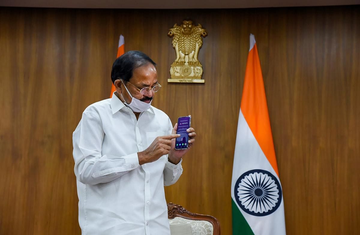 Vice President M. Venkaiah Naidu virtually releases the indigenous social media super app – 'Elyments', in New Delhi. PTI