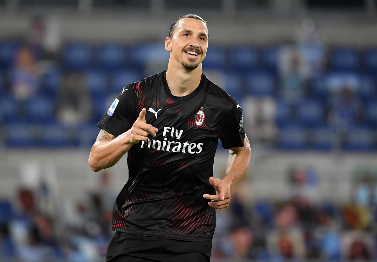AC Milan's Zlatan Ibrahimovic celebrates scoring their second goal from the penalty spot, as play resumes behind closed doors following the outbreak of the coronavirus disease. Reuters