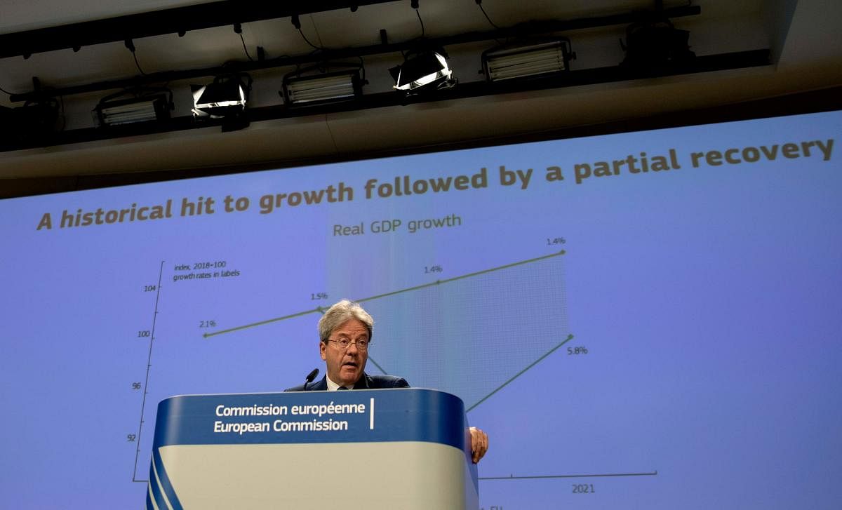 European Commissioner for Economy Paolo Gentiloni speaks during a media conference on the summer 2020 economic forecast at EU headquarters in Brussels. Credit: AFP Photo