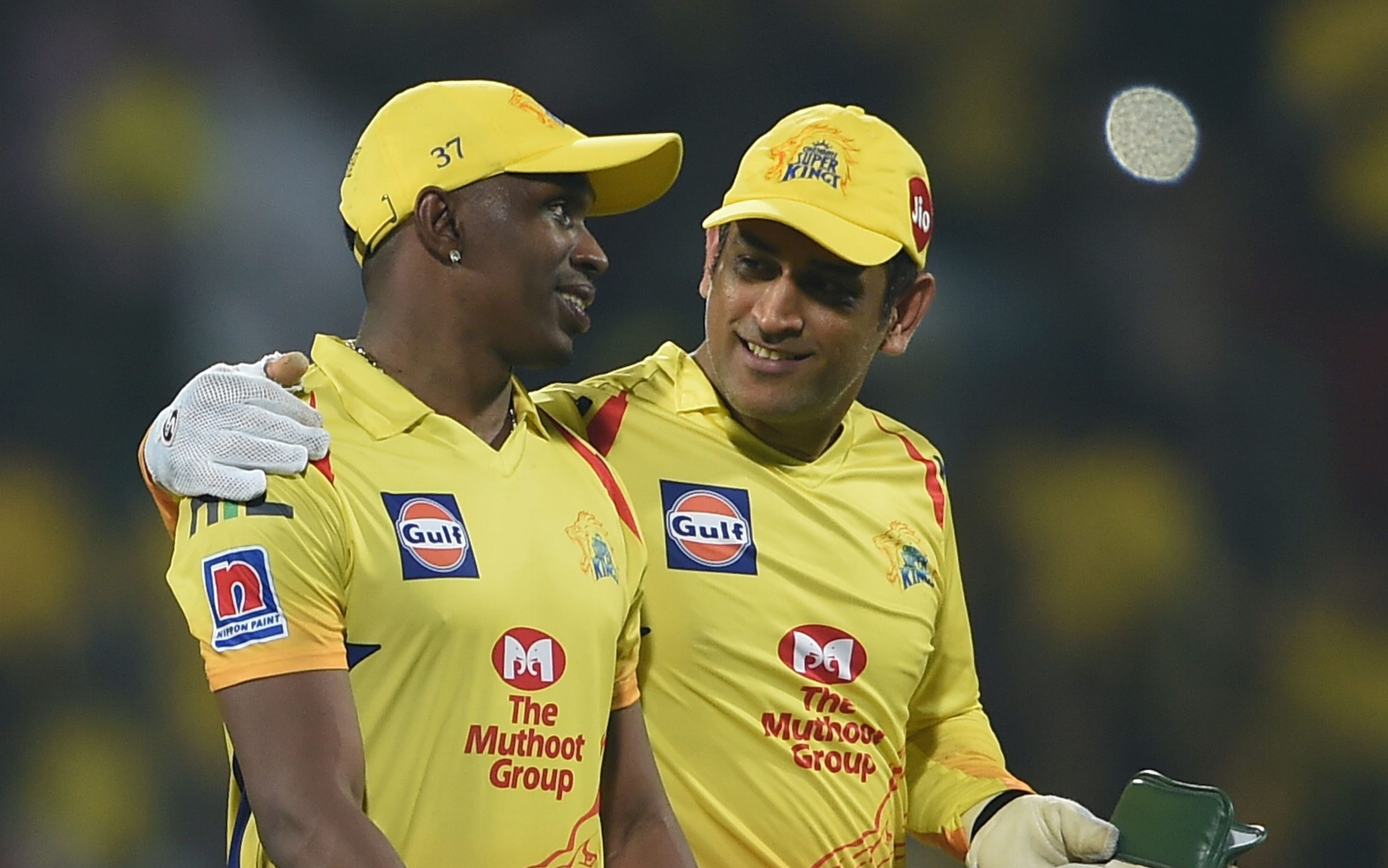 CSK skipper MS Dhoni and Dwayne Bravo celebrate their team's win in the Indian Premier League 2019. Credit: PTI