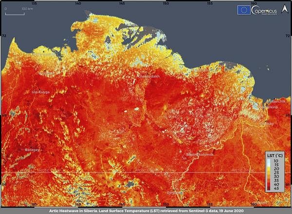 ECMWF Copernicus Climate Change Service shows the land surface temperature in the Siberia region of Russia. A record-breaking temperature of 38 degrees Celsius was registered in the Arctic town of Verkhoyansk on Saturday, June 20 in a prolonged heatwave that has alarmed scientists around the world. Credits: AP/PTI Photo