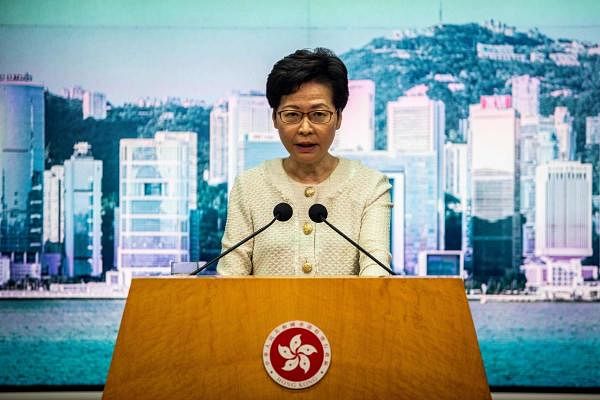 Hong Kong Chief Executive Carrie Lam speaks to the media about the new national security law introduced to the city at her weekly press conference in Hong Kong on July 7, 2020. Credits: AFP Photo