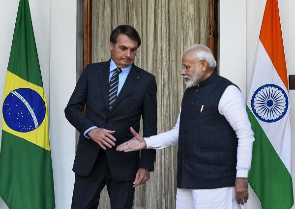 PM Modi and Brazil President Bolsonaro at meeting. Credit: PTI