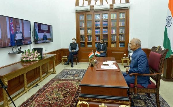 President Ram Nath Kovind accepts credentials from David Pine, High Commissioner of New Zealand via video conferencing, at Rashtrapati Bhawan in New Delhi, Wednesday, July 8, 2020. Credit: PTI Photo