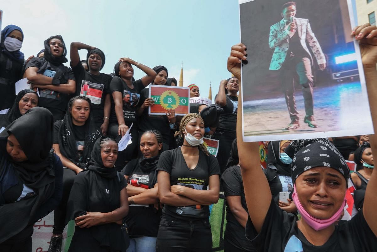 Members of the Oromo Ethiopian community in Lebanon take part in a demonstration to protest the death of musician and activist Hachalu Hundessa, in the capital Beirut on July 5, 2020. Credit: AFP Photo