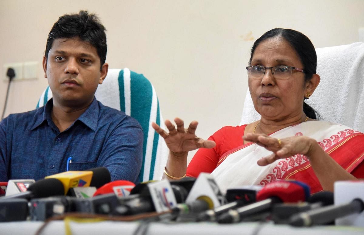 Kochi: Kerala Health Minister K K Shailaja and IAS Collector K Mohammed Y Safirulla during a press conference to confirm that a 23-year-old college student admitted to a hospital in Kochi had been infected with the Nipah virus, in Kochi, Tuesday, June 4,