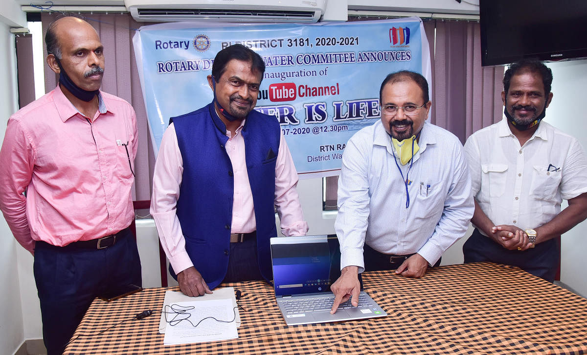 Rotary District Governor Ranganath Bhat launches the YouTube channel, ‘Water is life-Harvest water’, at Hotel Maya International in Mangaluru, on Wednesday.