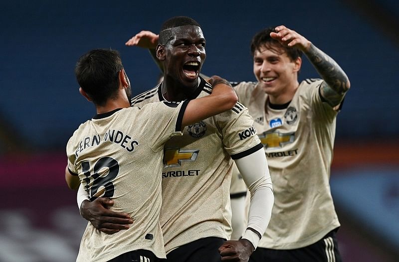 Manchester United's Paul Pogba celebrates scoring their third goal with teammates, as play resumes behind closed doors following the outbreak of the coronavirus disease. Credits: Reuters Photo