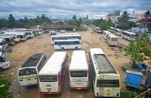 Buses parked at a depot during a complete lockdown in Agartala, Tripura, Sunday, July 5, 2020. Credit: PTI Photo