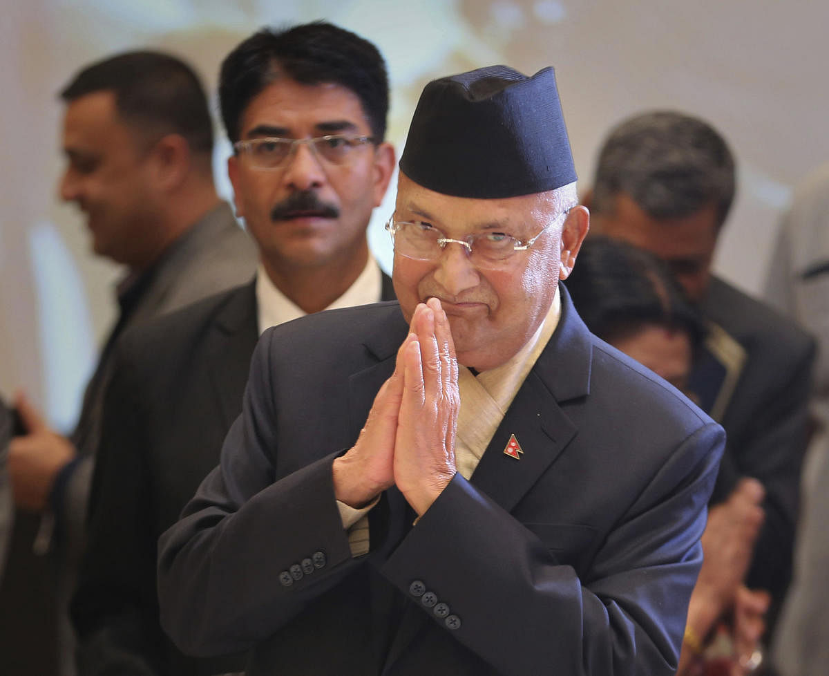 New Delhi: FILE- In this April 6, 2018 file photo, Nepalese Prime Minister Khadga Prasad Oli arrives for the inaugural ceremony of the India-Nepal business forum in New Delhi, India. Oli could be forced out of office within weeks amid an internal tussle f
