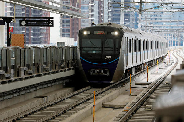 A Mass Rapid Transit (MRT) train arrives at a station during its full trial run in Jakarta, Indonesia. Credit: Reuters Photo