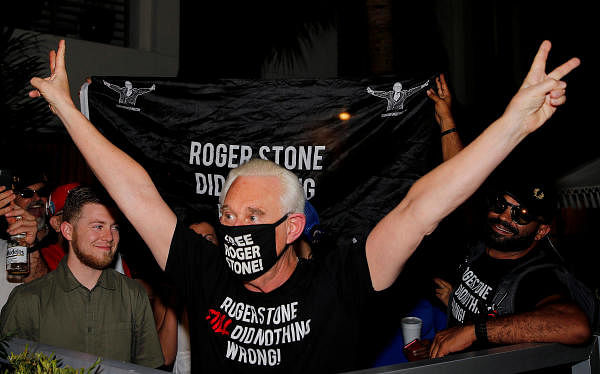Roger Stone, a longtime friend and adviser of US President Donald Trump, reacts after Trump commuted his federal prison sentence, outside his home in Fort Lauderdale, Florida, US, July 10, 2020. Credit: Reuters Photo