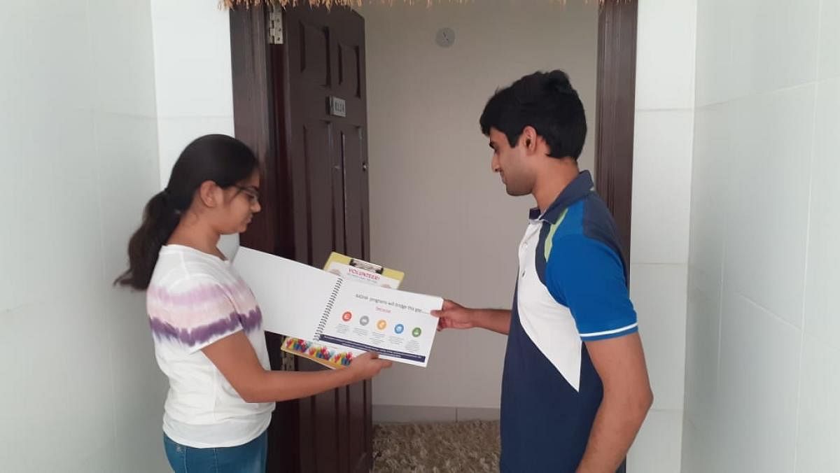 Rishika at a door-to-door campaign; (Top) Manas conducts online classes.