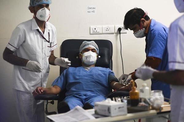 A plasma donor (C) is seen at the newly inaugurated plasma bank of the Institute of Liver and Biliary Sciences (ILBS) donating plasma for the treatment of patients suffering from the coronavirus, in New Delhi on July 2, 2020. Credit: AFP Photo