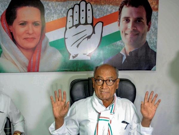 Senior Congress leader Digvijay Singh interacts with the media, at PCC headquarters in Bhopal. Credit: PTI Photo