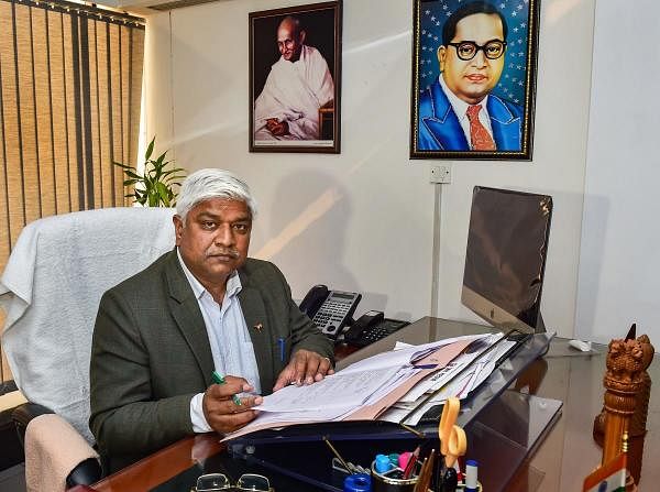  Senior Aam Aadmi Party leader Rajendra Pal Gautam takes charge of his office as a Delhi cabinet minister at Delhi Secretariat, in New Delhi, Monday, February 17, 2020. Credit: PTI Photo