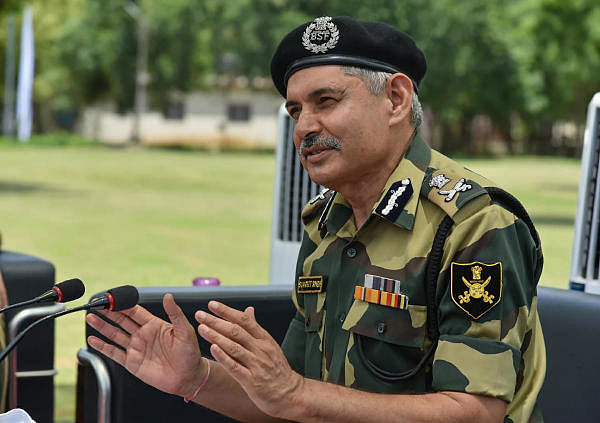 BSF Director General SS Deswal speaks during a tree plantation campaign at the BSF Campus, Bhondsi, in Gurugram, Sunday, July 12, 2020. Credit: PTI Photo