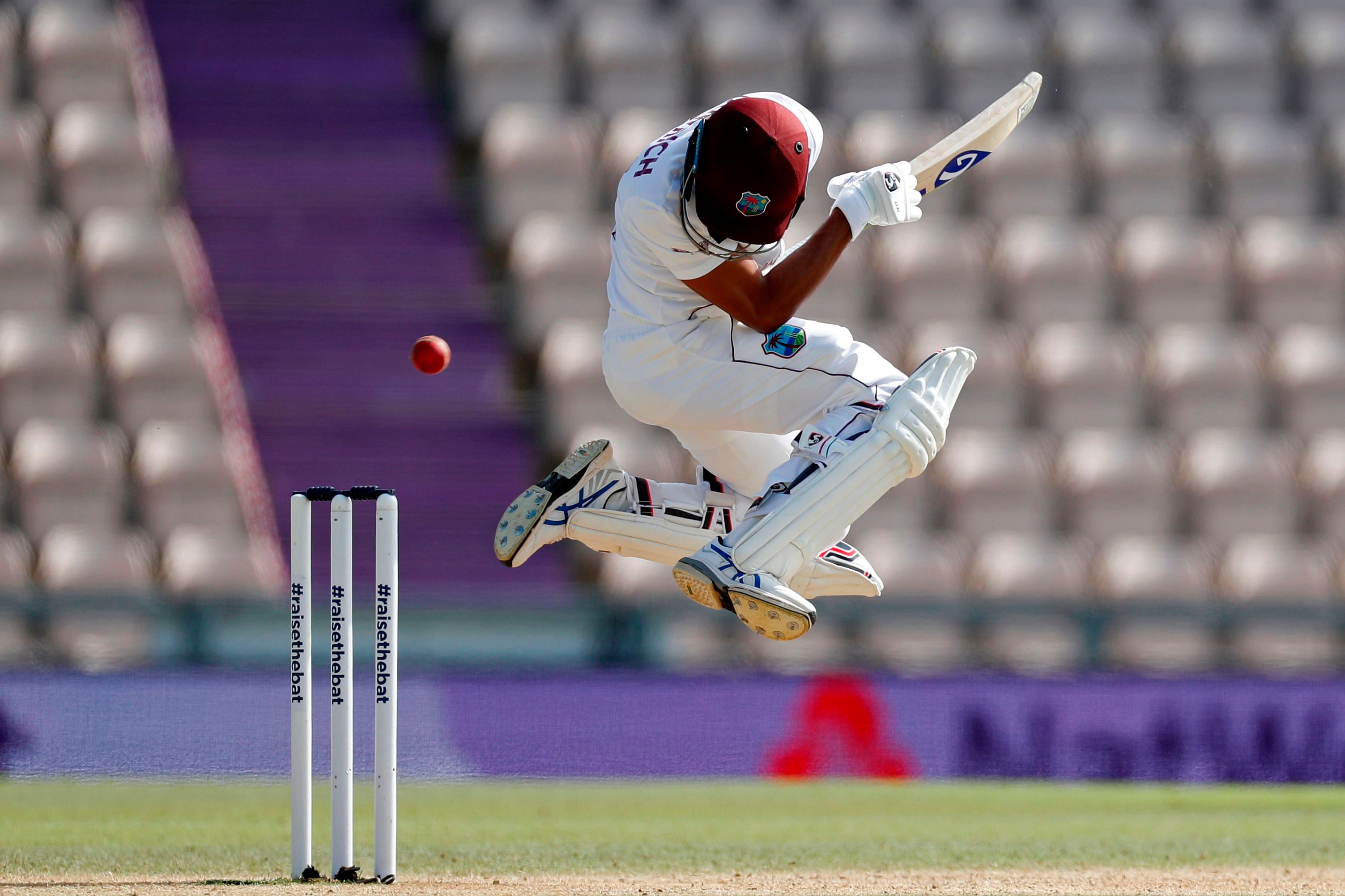 West Indies' Shane Dowrich evades a short ball on the fifth day of the first Test cricket match between England and the West Indies at the Ageas Bowl in Southampton, southwest England on July 12, 2020. Credit: AFP Photo