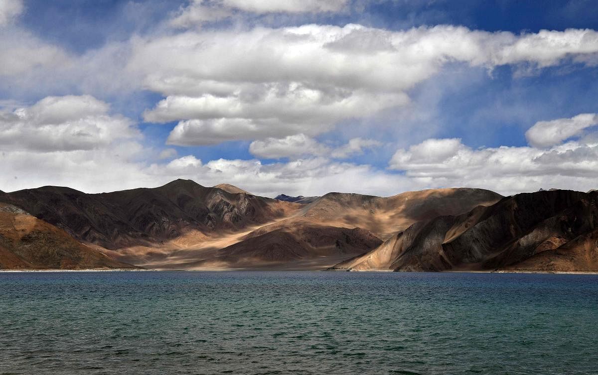 (FILES) This file photo taken on September 14, 2018 shows a general view of the Pangong Lake in Leh district of Union territory of Ladakh bordering India and China. - Three Indian soldiers have been killed in a clash on the Chinese border, the Indian army