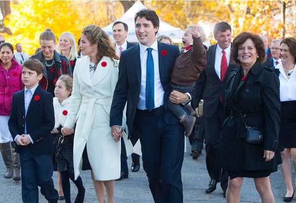 Canadian Prime minister Justin Trudeau, his wife Sophie Gregoire-Trudeau and their children Xavier, Ella-Grace and Hadrien walk with his mother Margaret (R). Credit: AFP Photo