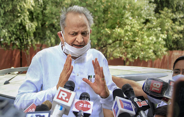 Rajasthan Chief Minister Ashok Gehlot addresses the media after visiting the State Governor at his residence, in Jaipur, Tuesday, July 14, 2020. Credit: PTI Photo