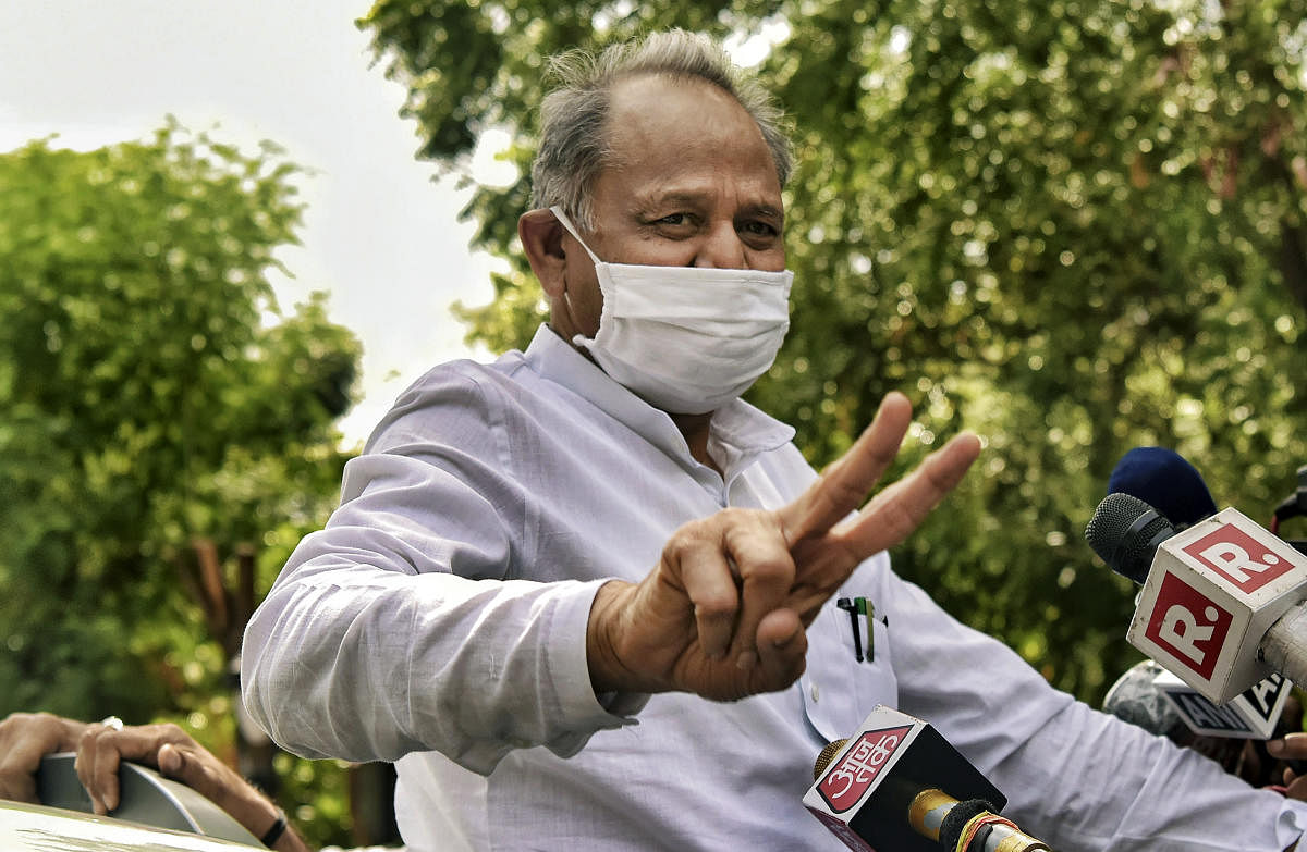  Rajasthan Chief Minister Ashok Gehlot addresses the media after visiting the State Governor at his residence. Credit: PTI Photo