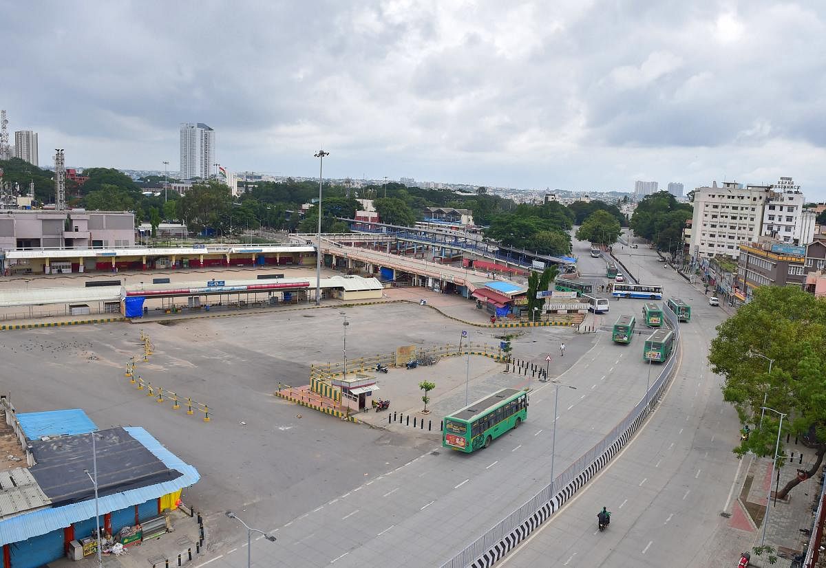 Majestic bus stand wears a deserted look during strict lockdown imposed by the authorities due to surge in Covid-19 cases, in Bengaluru, Sunday, July 5, 2020. Credit: PTI Photo
