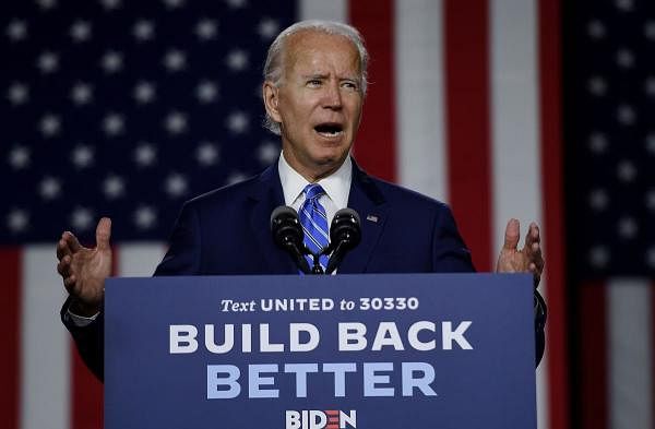 Democratic presidential candidate and former Vice President Joe Biden speaks at a "Build Back Better" Clean Energy event. Credit: AFP