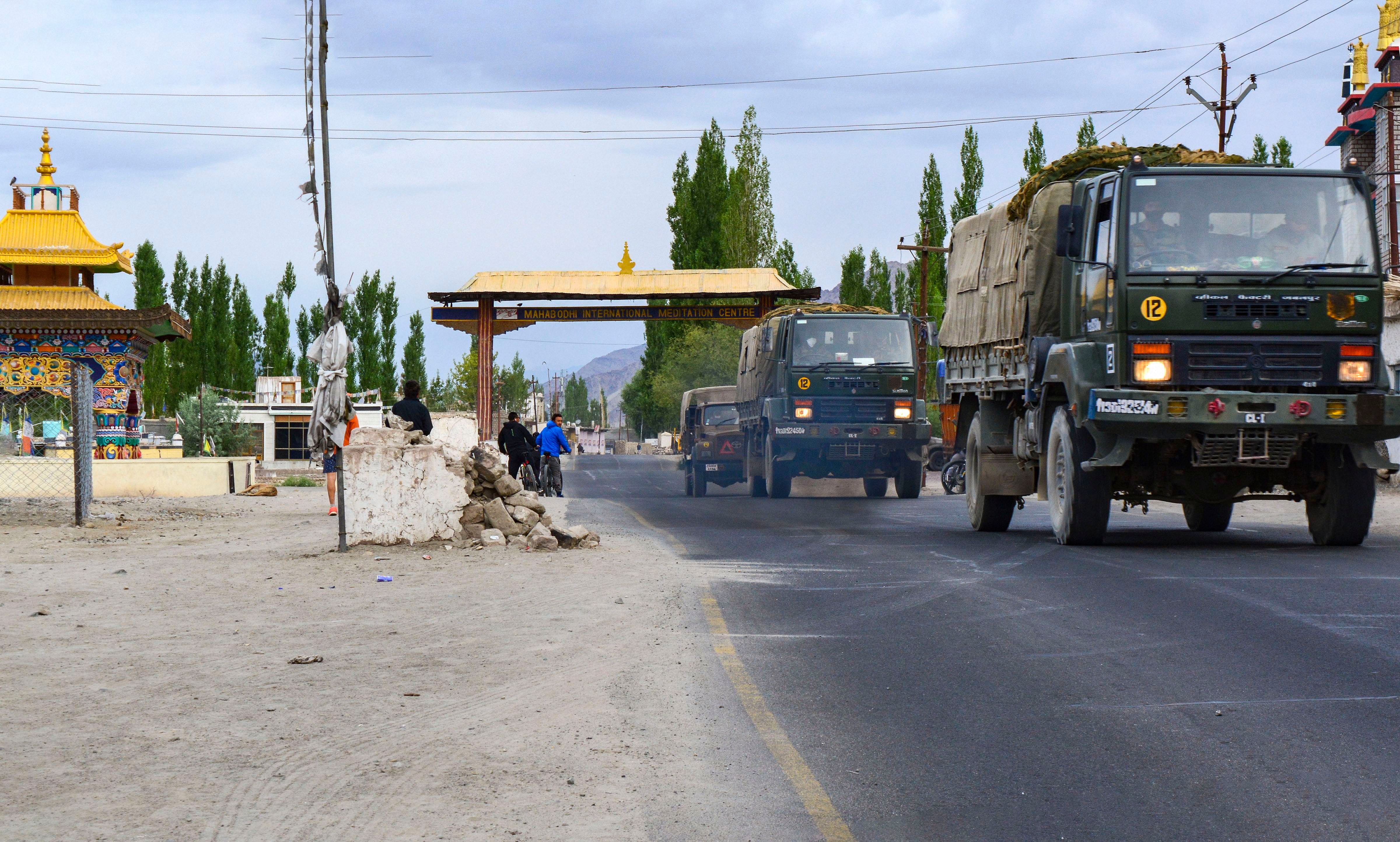 An army convoy moves towards LAC, amid India-China border dispute in eastern Ladakh, in Leh, Sunday, July 12, 2020. (PTI Photo)