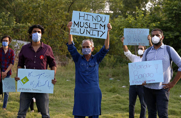 Members of a civil society group hold a demonstration demanding the government allow the construction of a Hindu temple, in Islamabad, Pakistan. Credit: AP/PTI Photo