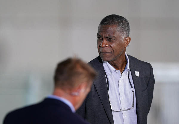 Commentator Michael Holding before the start of play, as play resumes behind closed doors following the outbreak of the coronavirus disease. Credit: Reuters Photo