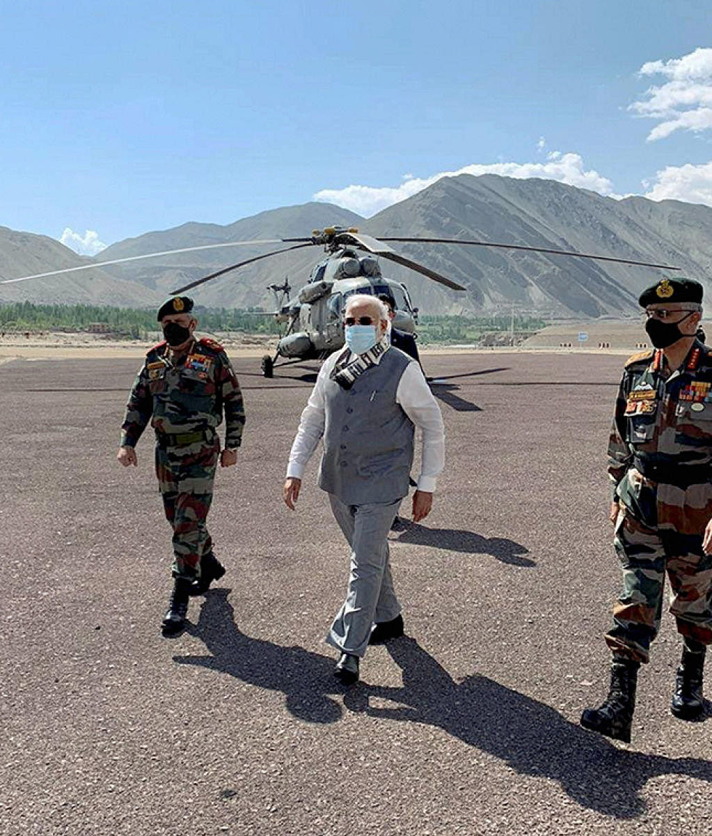 Prime Minister Narendra Modi along with Chief of Defence Staff Gen Bipin Rawat arrives in Leh, Friday, July 3, 2020. Credit: PTI Photo