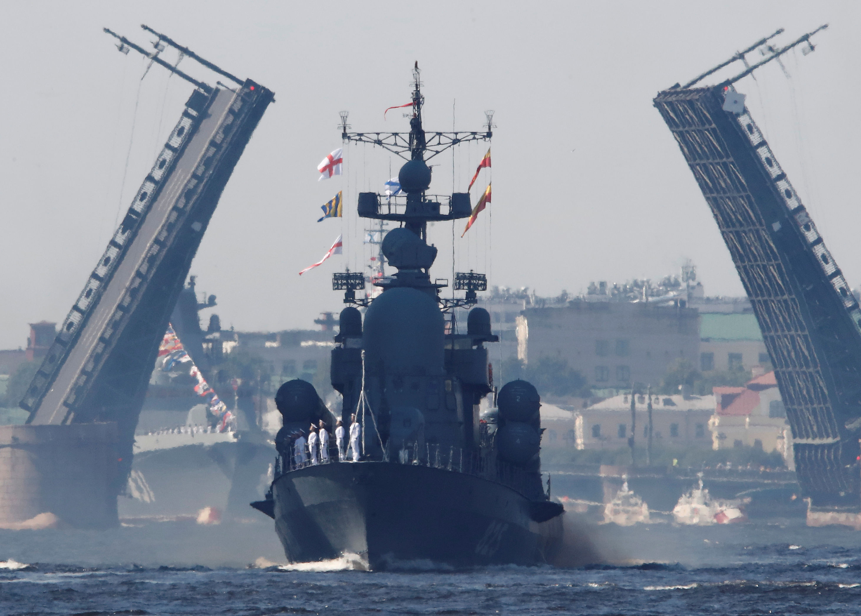 The Russian Navy's missile corvette Dmitrovgrad sails along the Neva River during a rehearsal for the Navy Day parade in Saint Petersburg, Russia July 19, 2020. Credit: REUTERS