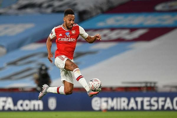 Pierre-Emerick Aubameyang controls the ball during the English FA Cup semi-final football match between Arsenal and Manchester City at Wembley Stadium in London. Credit: AFP Photo