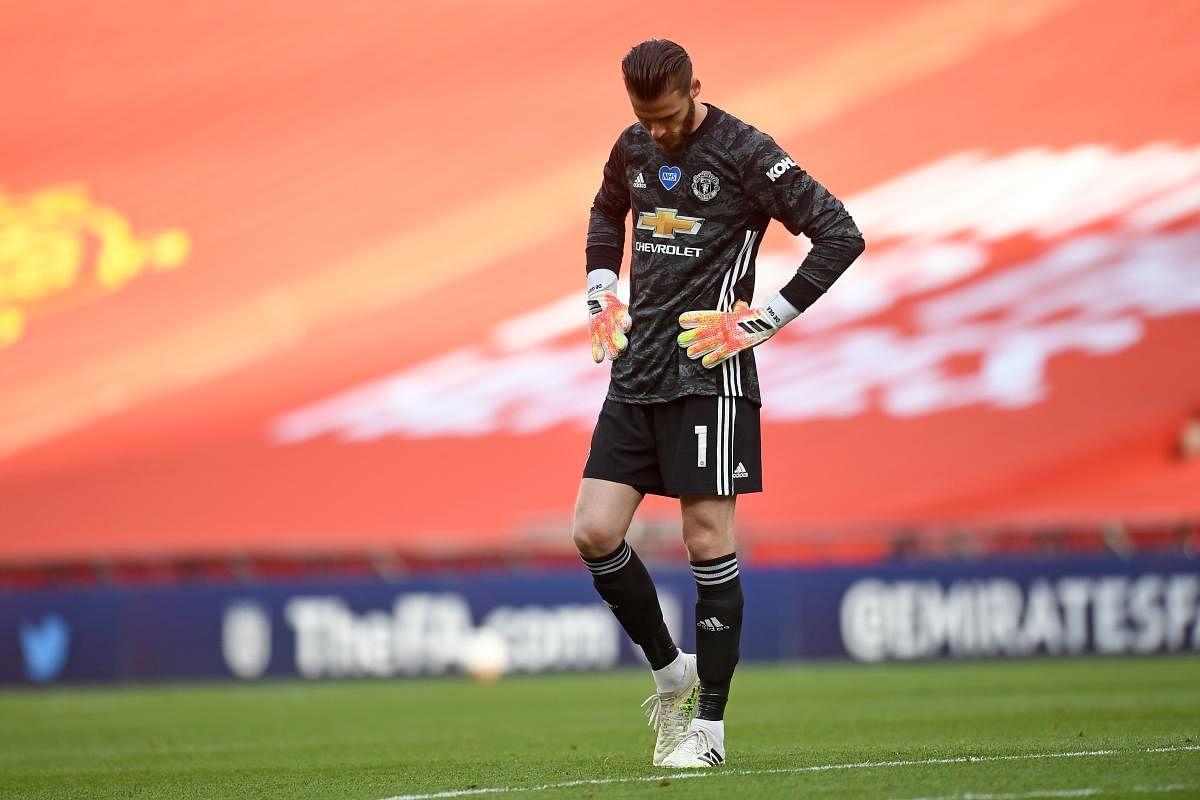 Manchester United's Spanish goalkeeper David de Gea reacts during the English FA Cup semi-final football match between Manchester United and Chelsea at Wembley Stadium in London, on July 19, 2020. Credit: AFP
