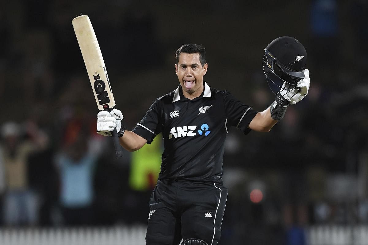  New Zealand's Ross Taylor celebrates his century during the One Day cricket international between India and New Zealand at Seddon Oval in Hamilton, New Zealand, Wednesday, Feb. 5, 2020. Credit: AP Photo