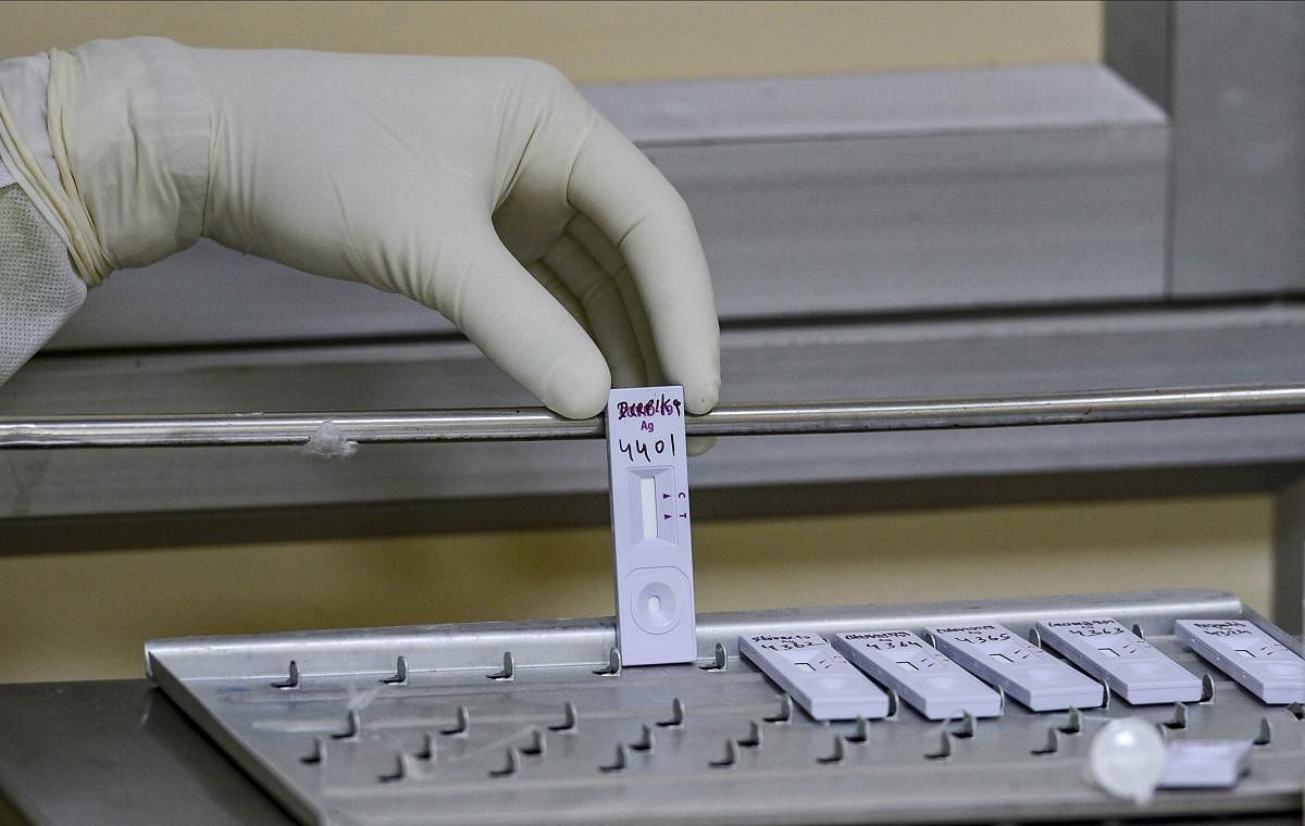 A health worker arranges samples for Covid-19 Rapid Antigen test, in New Delhi. Credit: PTI