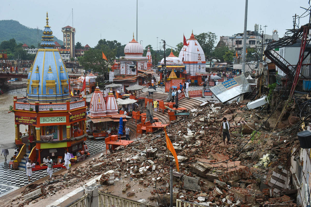  A collapsed wall and other damages caused by lightning, at Har Ki Pauri in Haridwar. Credit: PTI