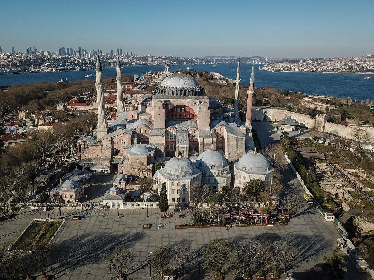 In this file photo taken on April 12, 2020 An aerial picture shows Hagia Sophia in Istanbul as Turkish government announced a two-day curfew to prevent the spread of the epidemic COVID-19 caused by the novel coronavirus. - A top Turkish court July