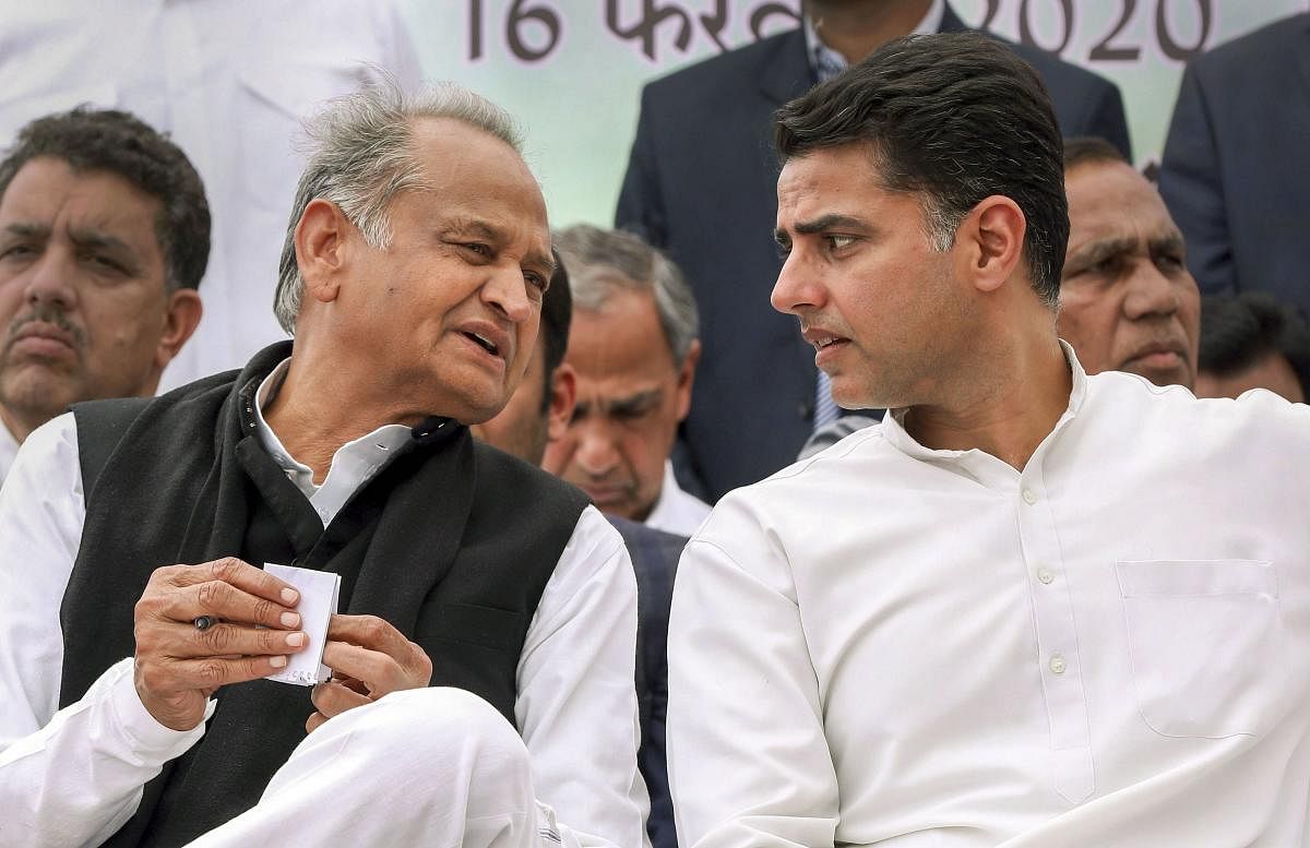 Jaipur: Rajasthan Chief Minister Ashok Gehlot and his deputy Sachin Pilot at a protest against the alleged opposition of tampering in reservation of Scheduled Castes and Scheduled Tribes, in Jaipur, Sunday, Feb. 16, 2020. (PTI Photo) (PTI2_16_2020_000130B