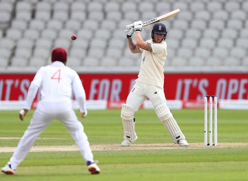 England's Ben Stokes, right, plays a shot during the first day of the third cricket Test match between England and West Indies at Old Trafford in Manchester. Credits: AP Photo