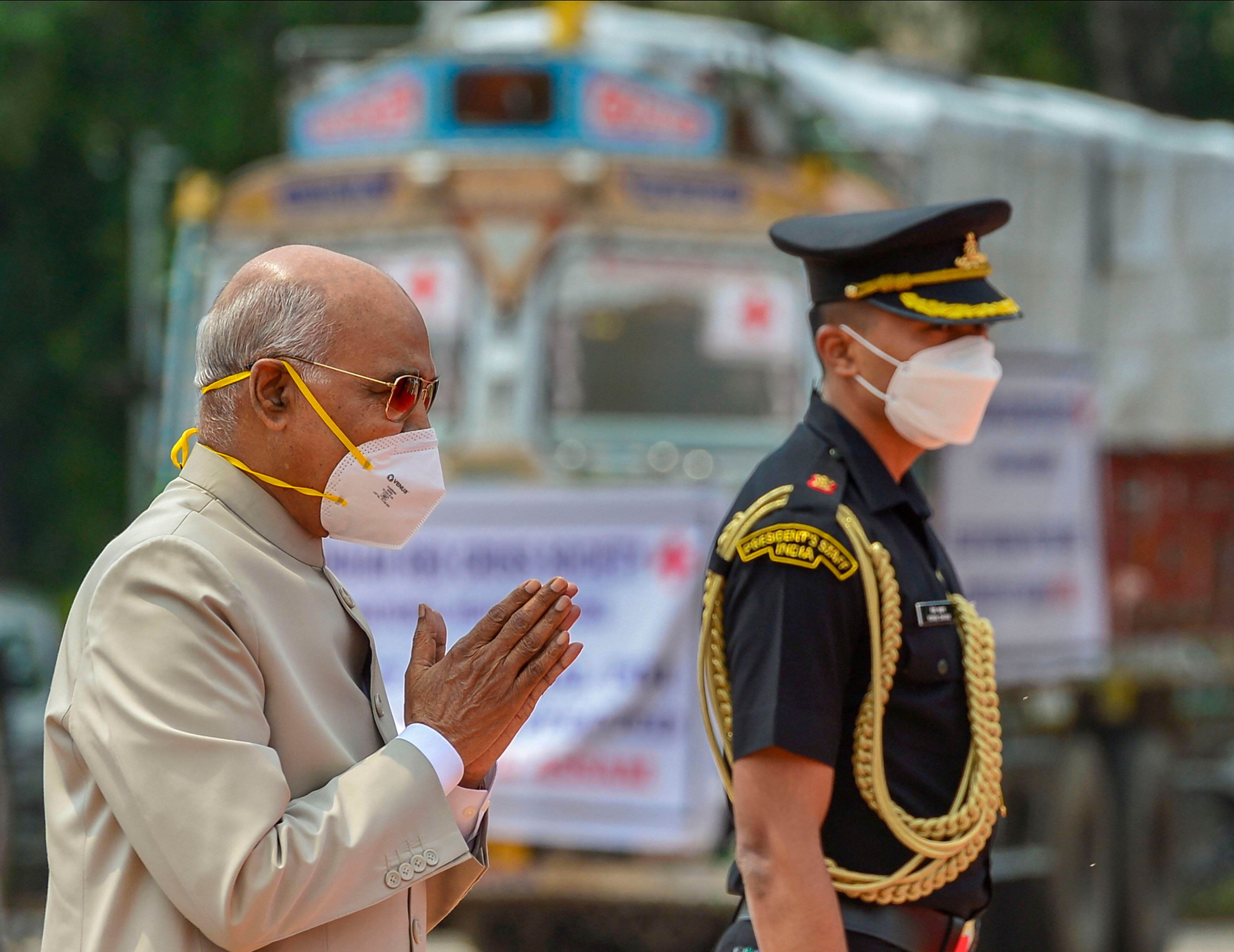 President Ram Nath Kovind arrives to flag off trucks loaded with relief materials for UP, Bihar and Assam that are affected simultaneously by floods and coronavirus. Credits: PTI Photo