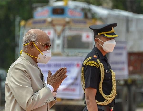 President Ram Nath Kovind arrives to flag off trucks loaded with relief materials for UP, Bihar and Assam that are affected simultaneously by floods and coronavirus pandemic Credit: PTI Photo