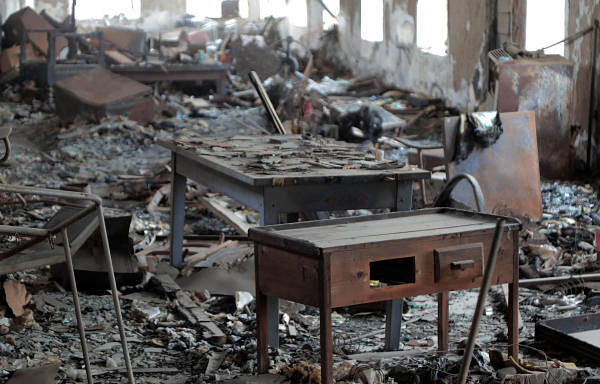 A picture shows the destruction in a room that was hit by a mortar attack in 2016, at the National Museum in Yemen's third city of Taez. Credit: AFP